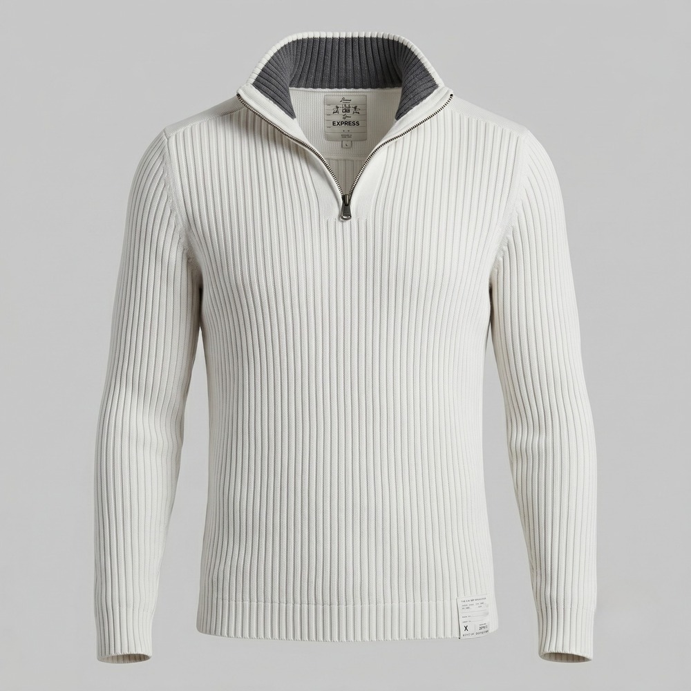 Express Mens L White Sweater Quarter Zip Ribbed Cotton‎ Type 8-0 Military Style